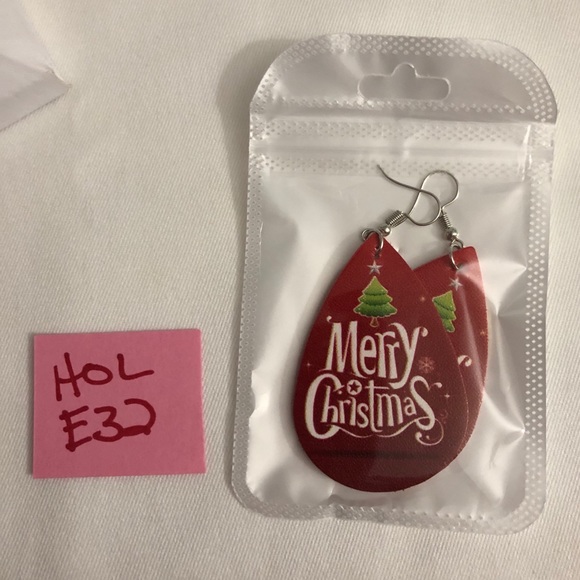 Merry Christmas PU Leather Teardrop Earrings Red - Picture 4 of 5